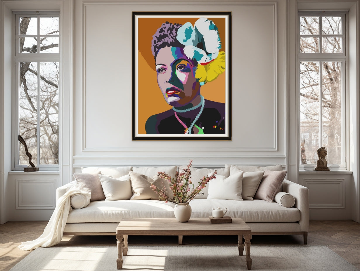 Lady Day Billie Holiday original painting by Vakseen displayed in a contemporary interior