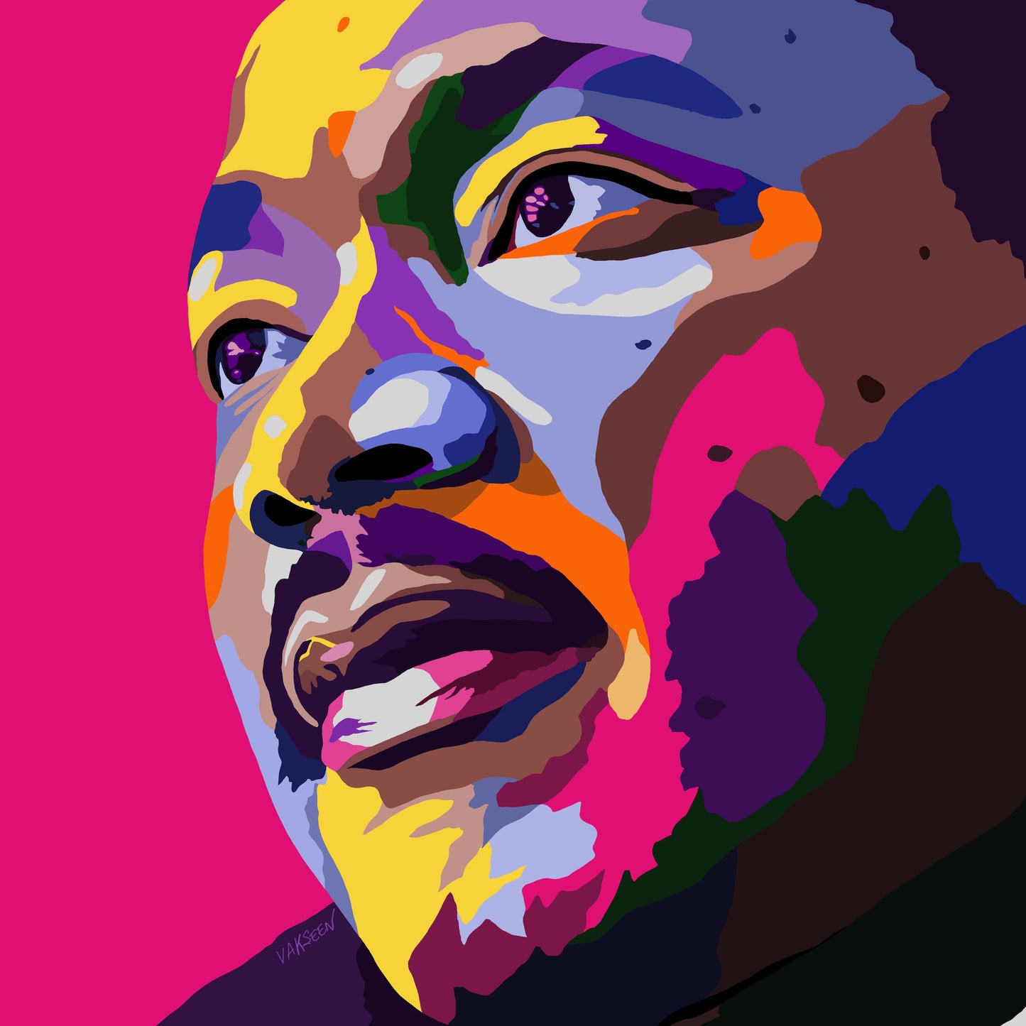 DREAM by Vakseen, a colorful portrait of Dr. Martin Luther King Jr. on a bright pink background