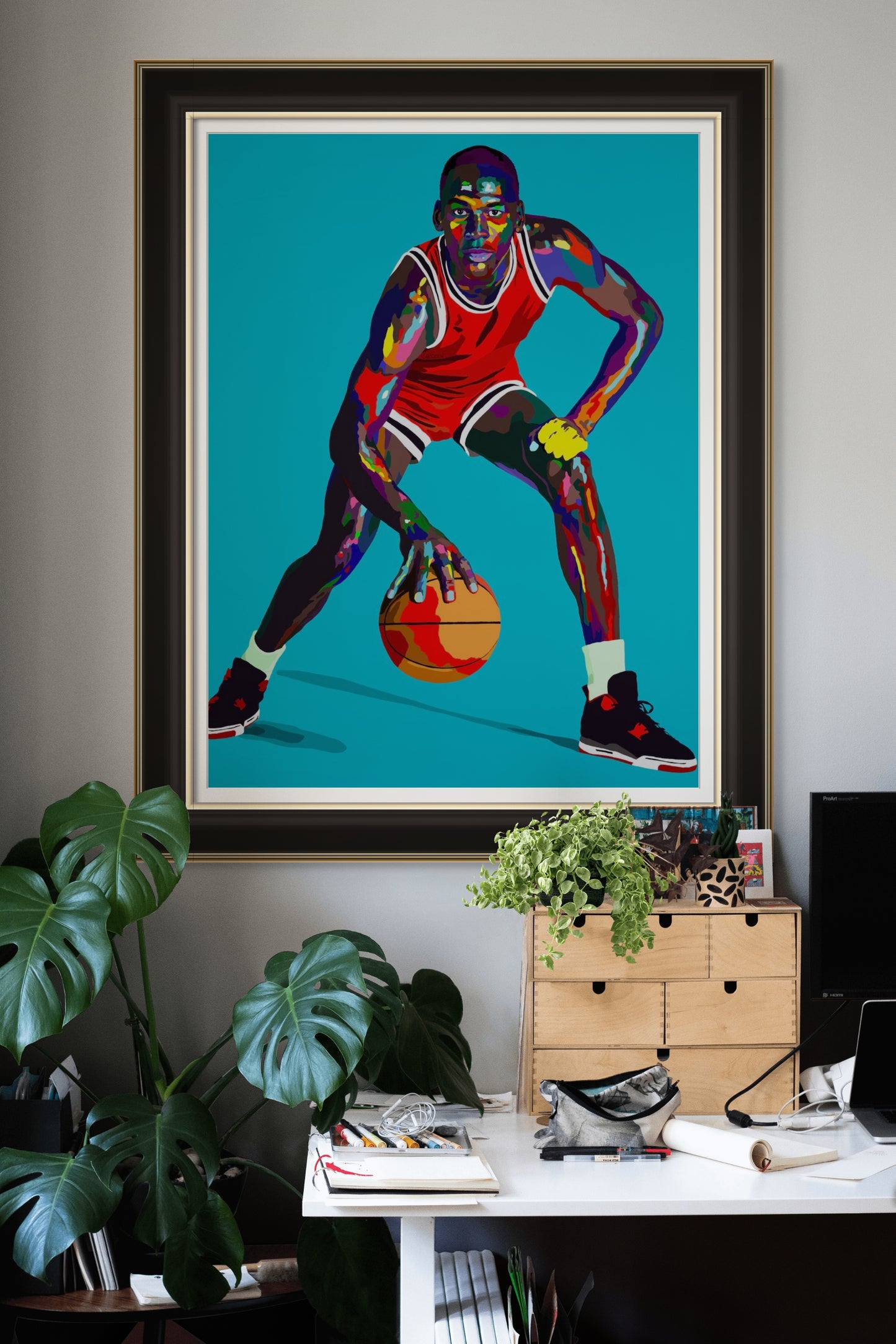 His Airness Michael Jordan original painting by Vakseen displayed in a contemporary interior