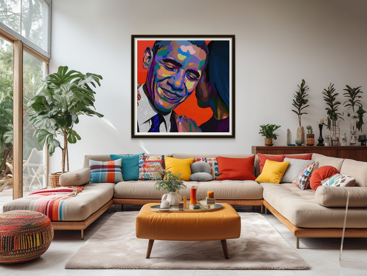 Hold You Down Barack Obama original painting by Vakseen displayed in a contemporary living room