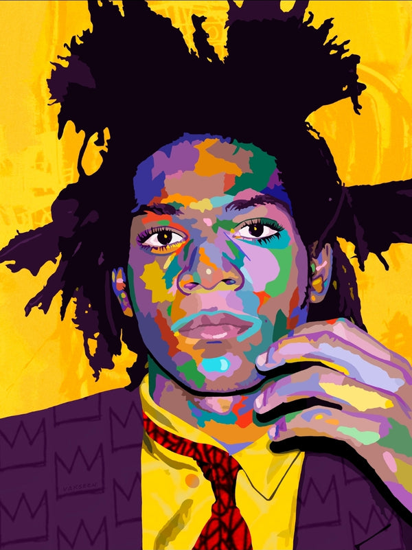 Colorful portrait art painting of Basquiat by Otha Davis III aka Vakseen