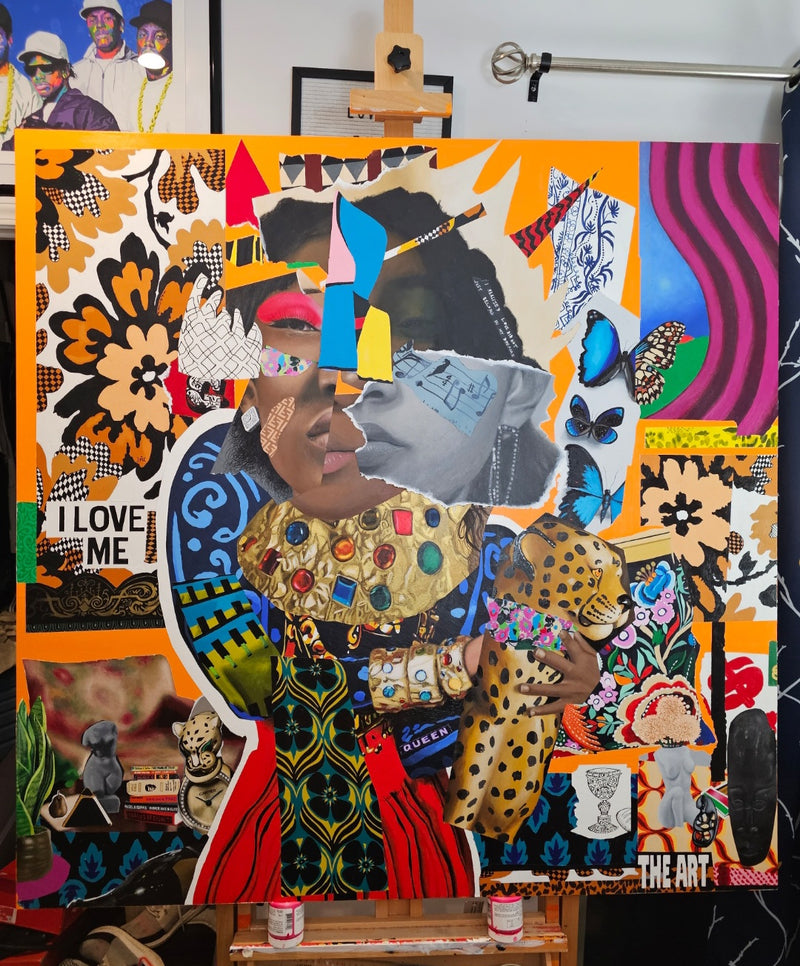 The Art of Manifesting Abundance - abstract portrait art - collage painting - Vanity Pop - Original 48x48 inch Acrylic Painting & Wall Decor - Vakseen Art